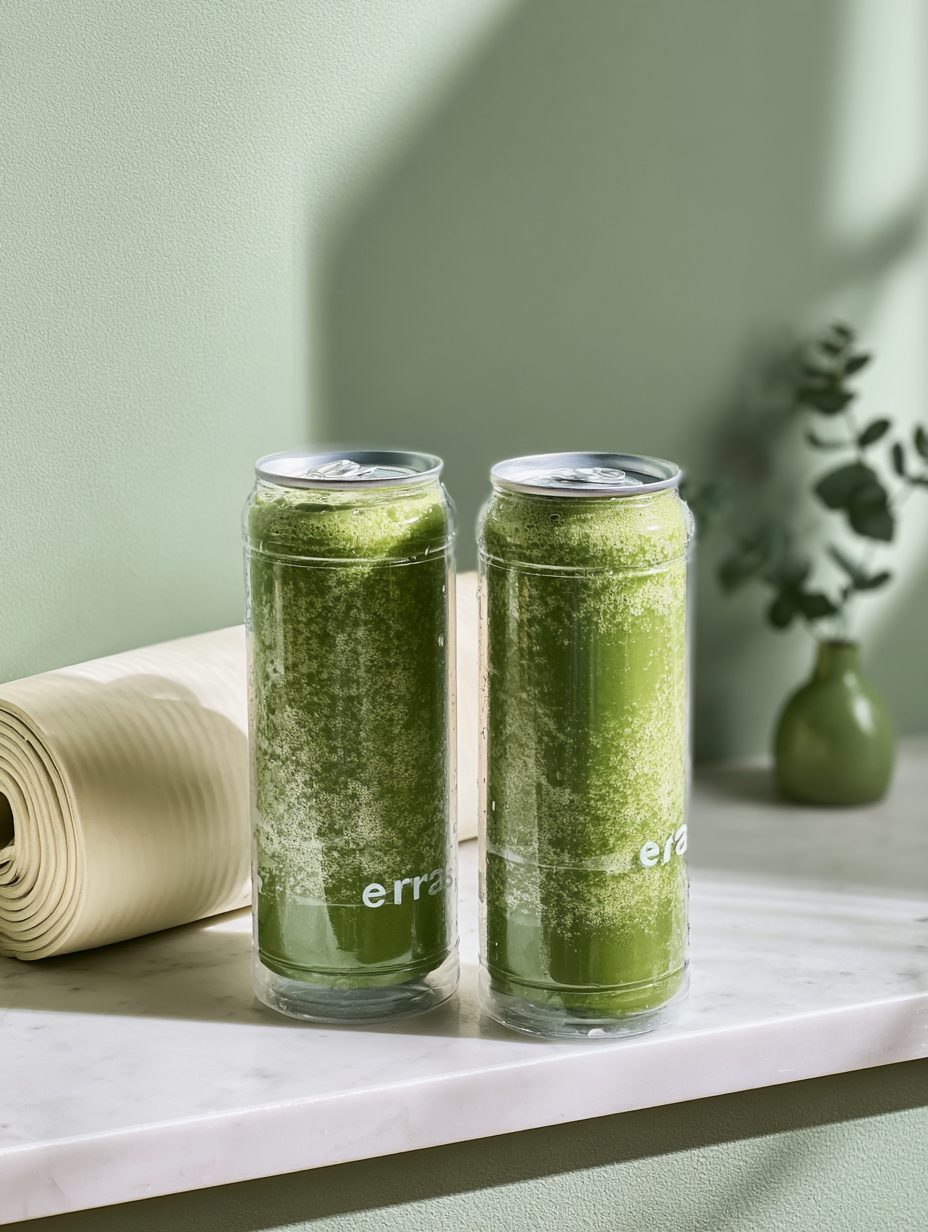 Two clear cans of green smoothie on a marble counter