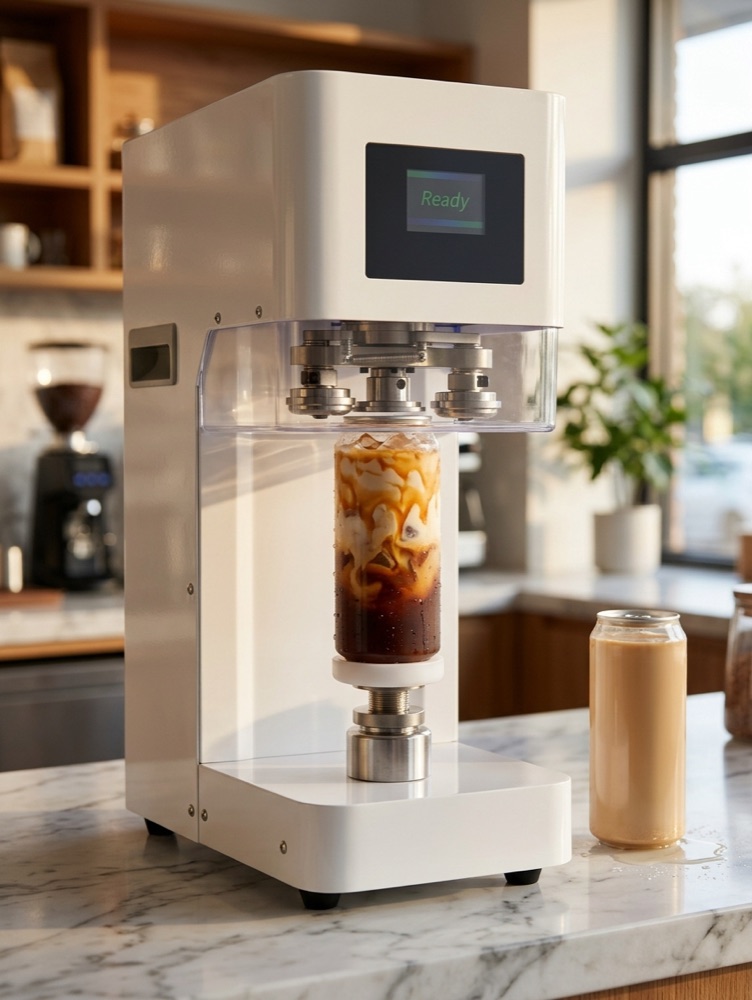 The commercial can sealing machine on a cafe counter, sealing an iced coffee